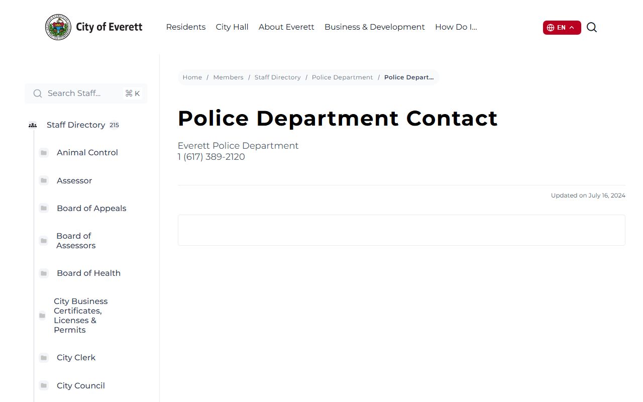 Everett Police Department website showing department services and contact information