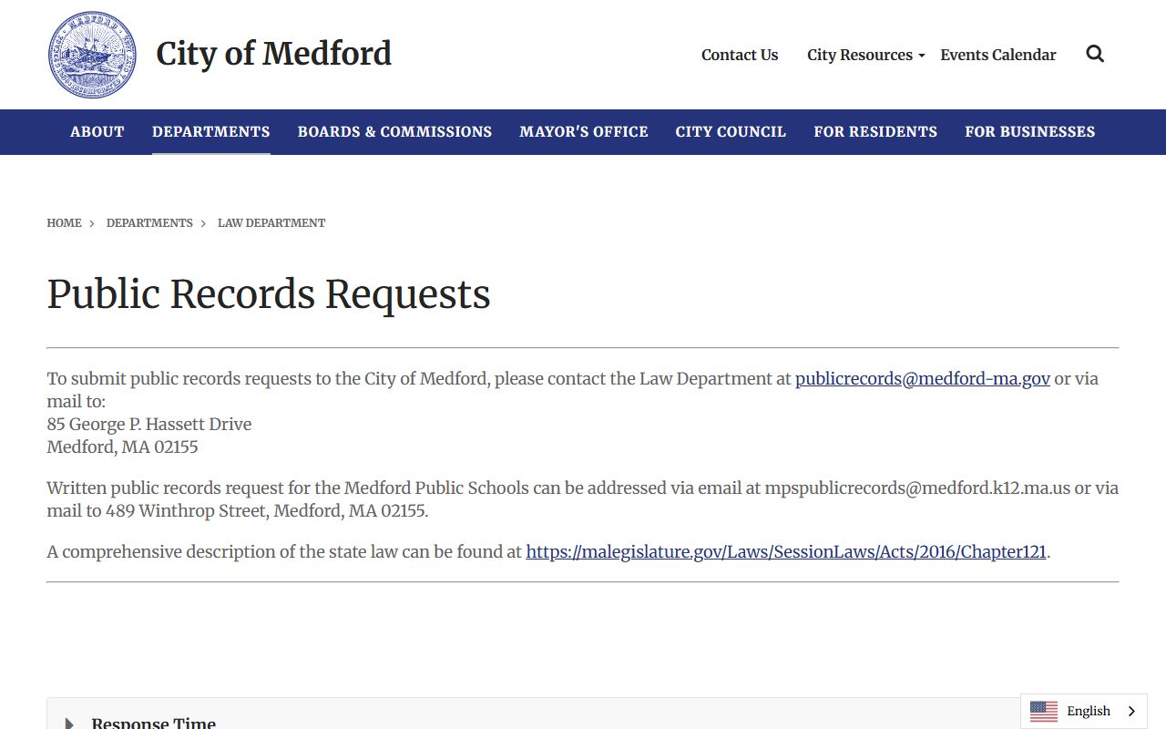 Medford public records request page for police records
