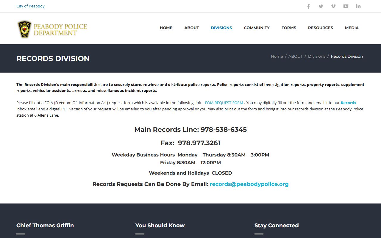 Peabody Police Department Records Division page