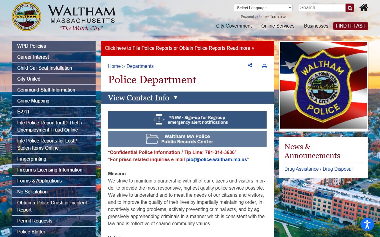 Waltham Police Department website for police records