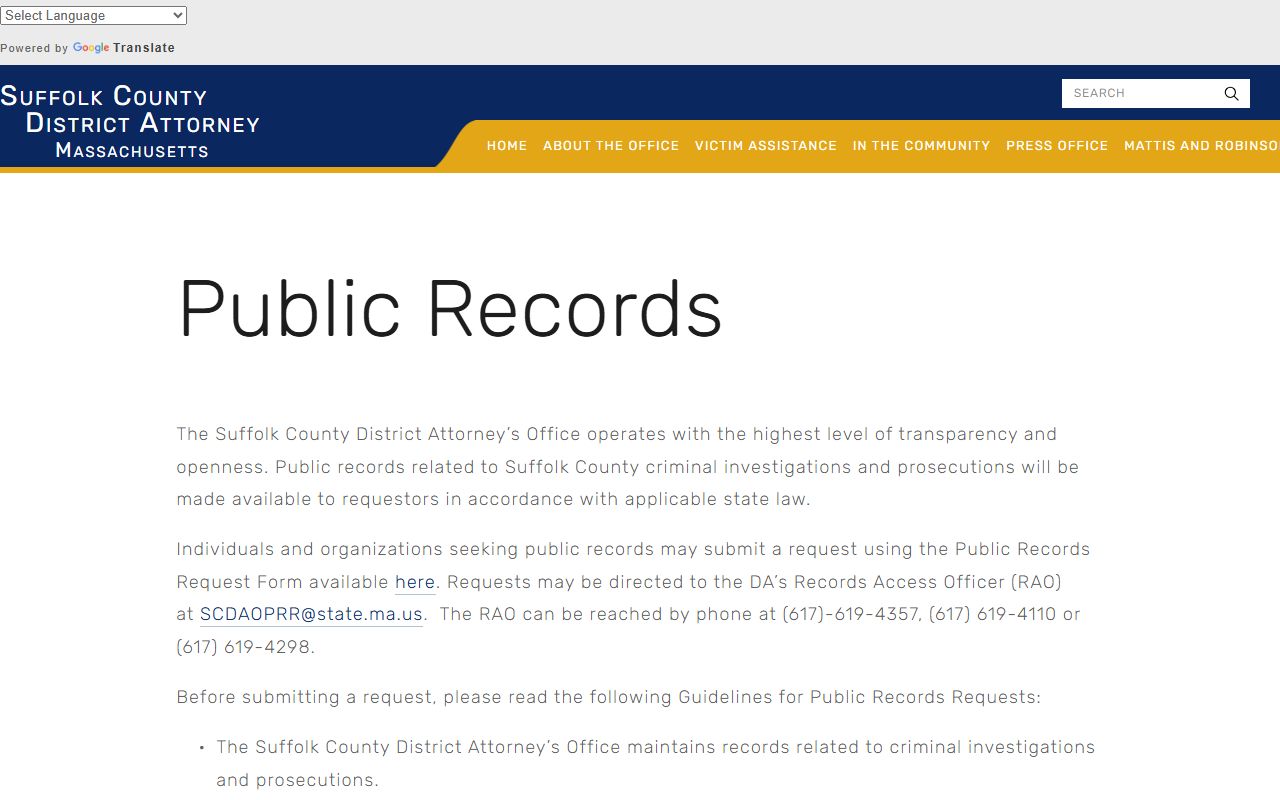 Suffolk County District Attorney public records page for police records
