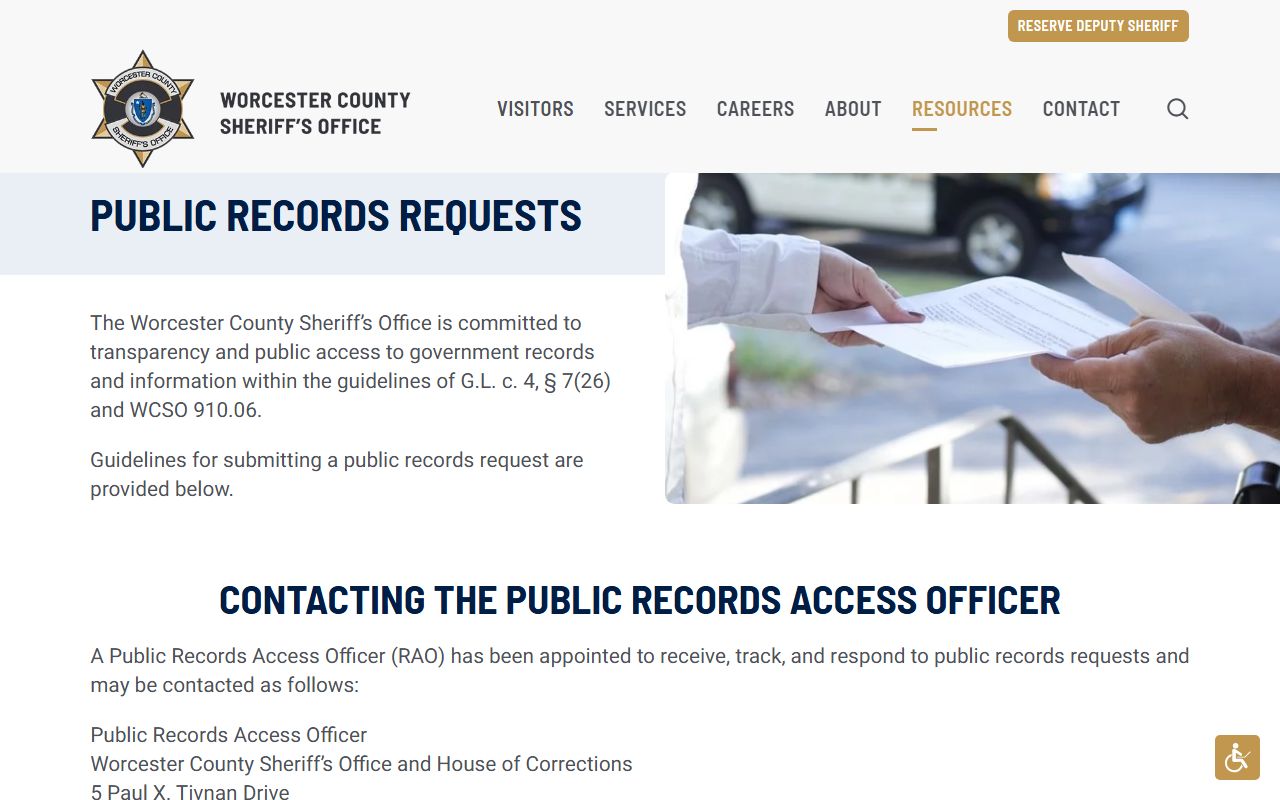 Worcester County Sheriff public records request page for police records