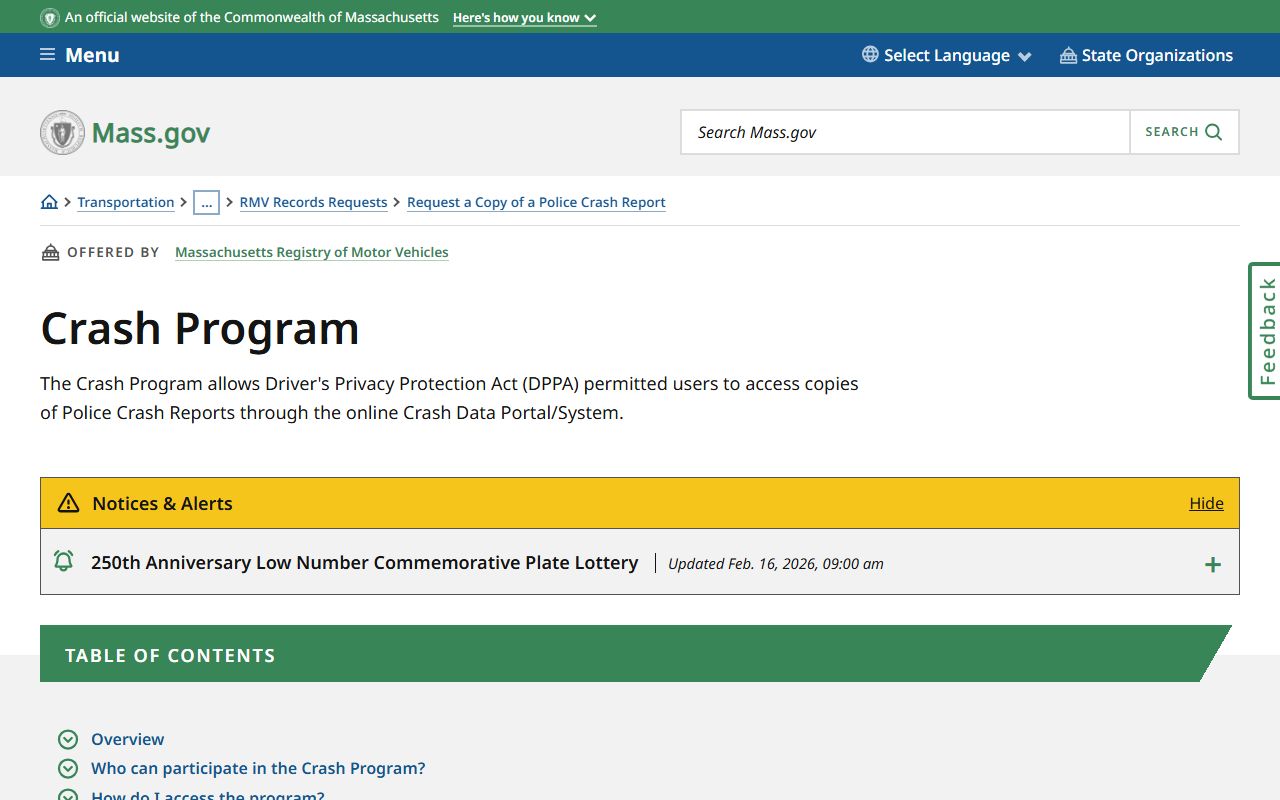 Massachusetts crash program guide for police records