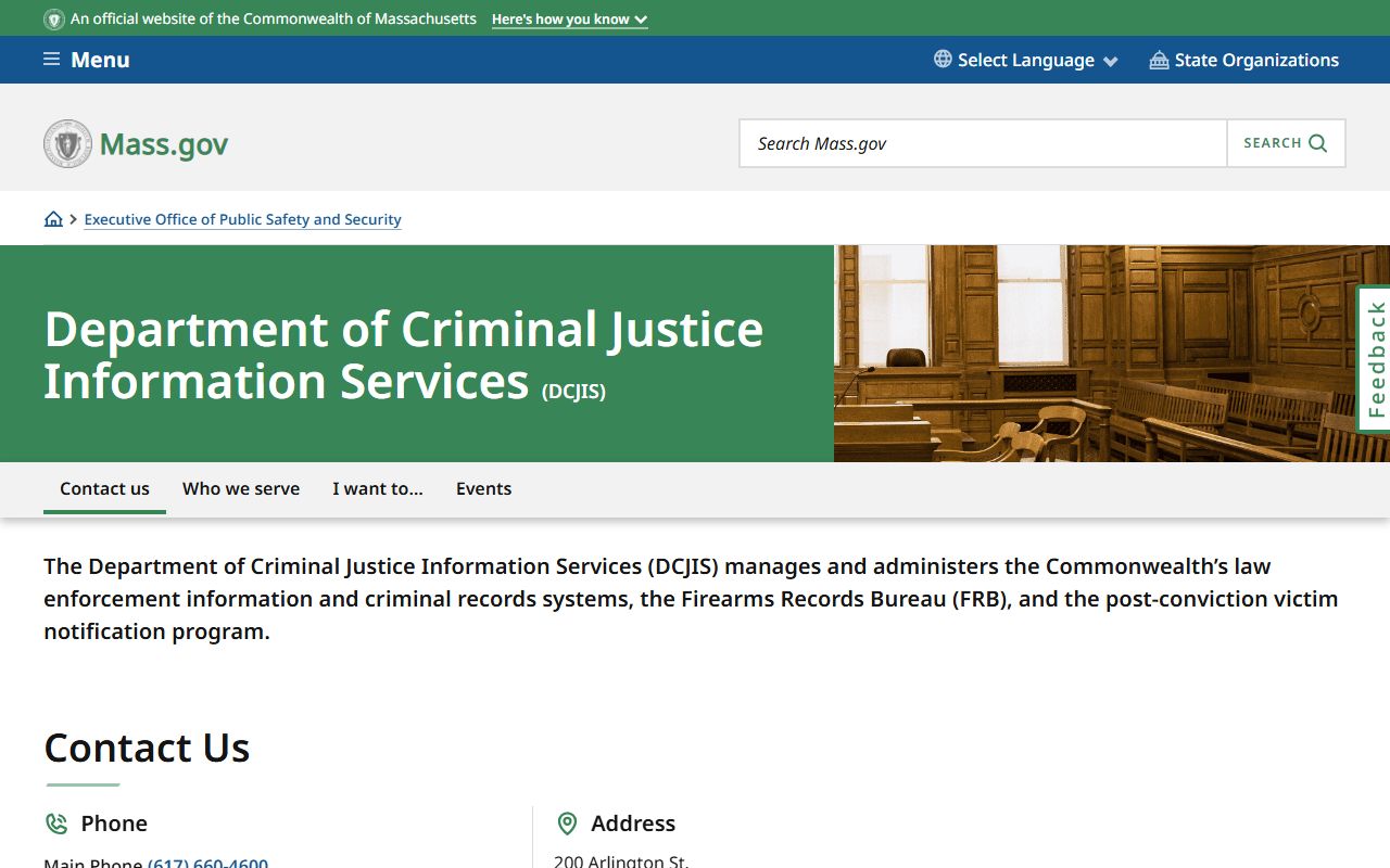 Massachusetts DCJIS CORI page for criminal history police records