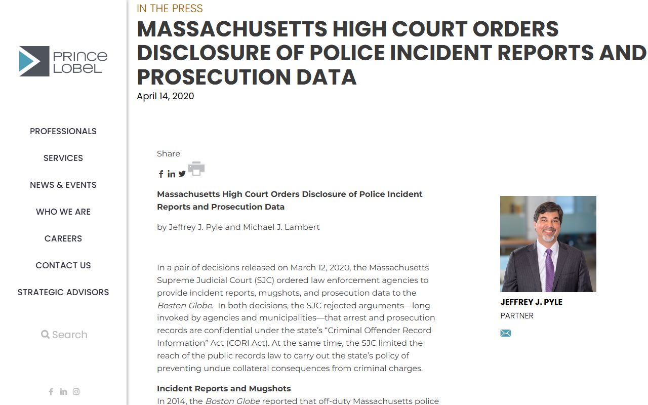 Massachusetts SJC decision on police records disclosure