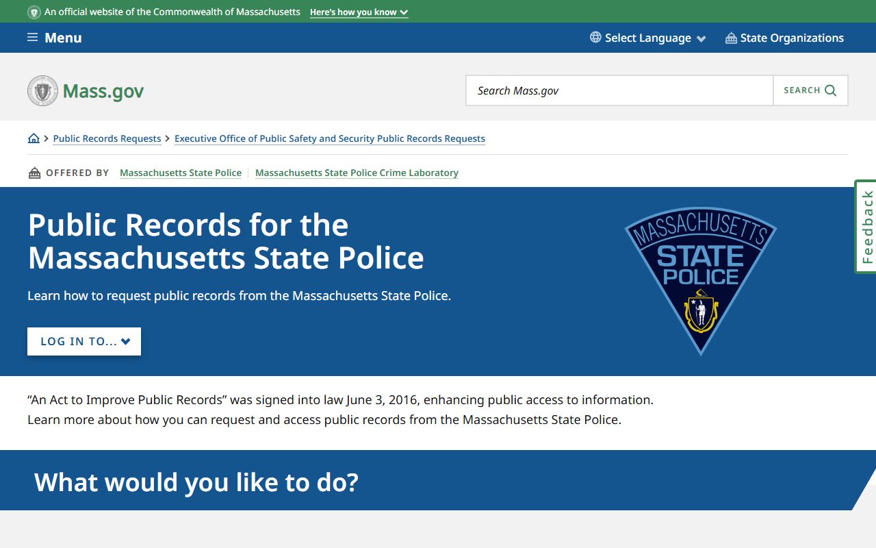 Massachusetts State Police public records portal for police records